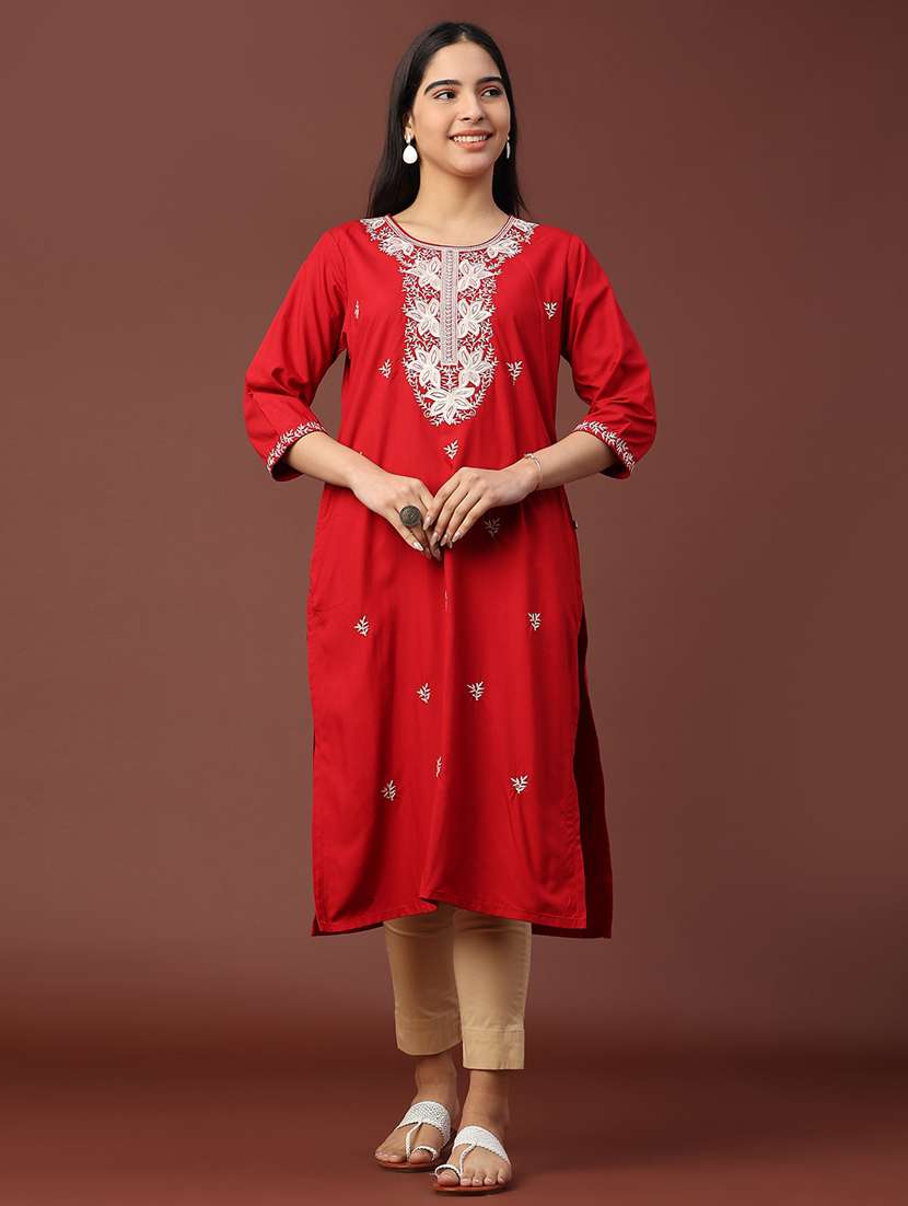 women solid with work three quarter sleeve straight kurta - 22249514 -  Standard Image - 2