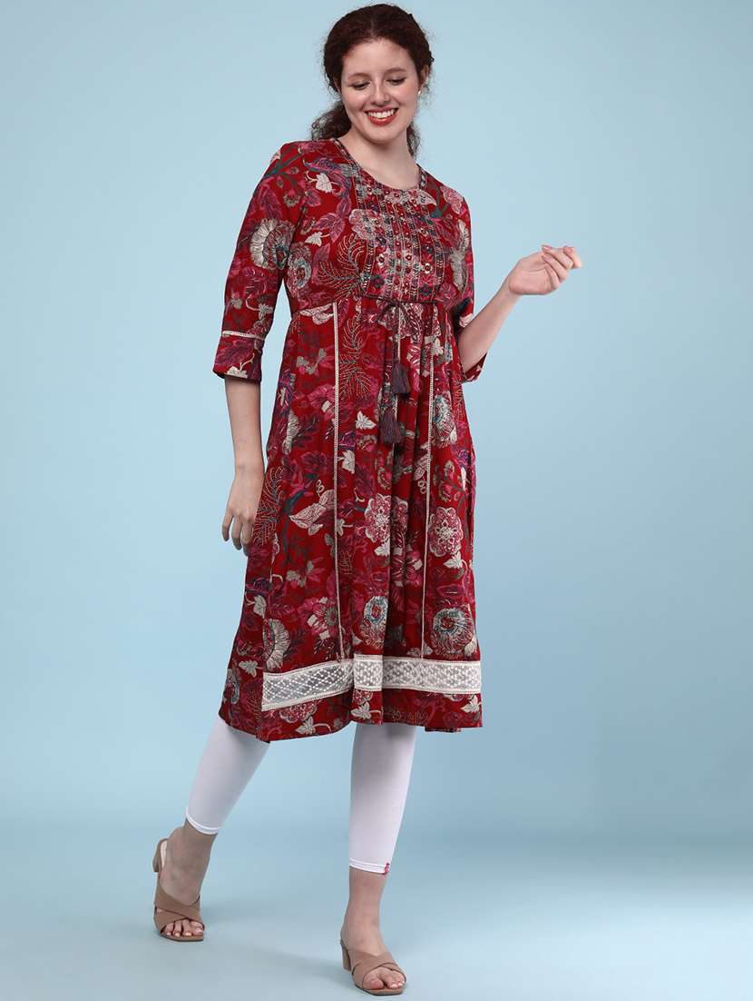 women floral three quarter sleeve a-line kurta  - 22250077 -  Standard Image - 2