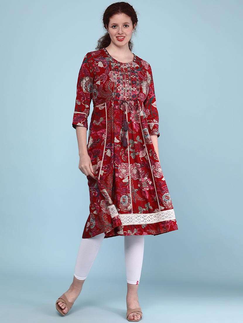 women floral three quarter sleeve a-line kurta  - 22250077 -  Standard Image - 2