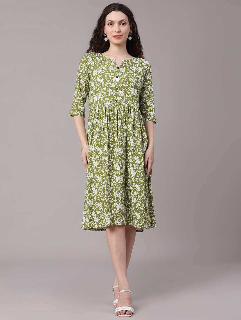 women printed three quarter sleeves a-line dress - 22250104 -  Standard Image - 2