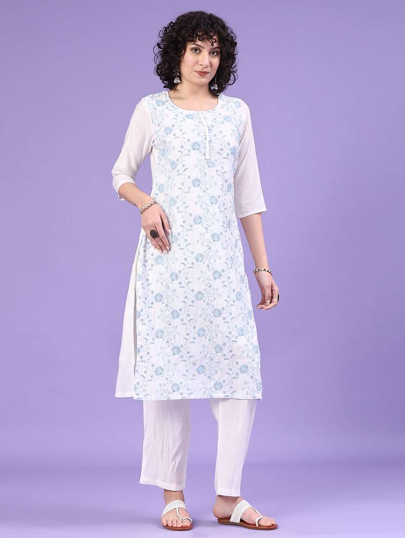 women solid with work three quarter sleeve kurta pant with dupatta set - 22250129 -  Standard Image - 2