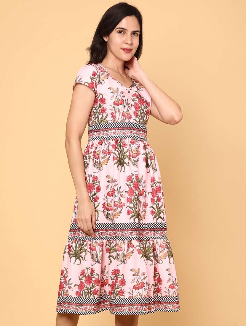 women pink rayon tiered dress dress
