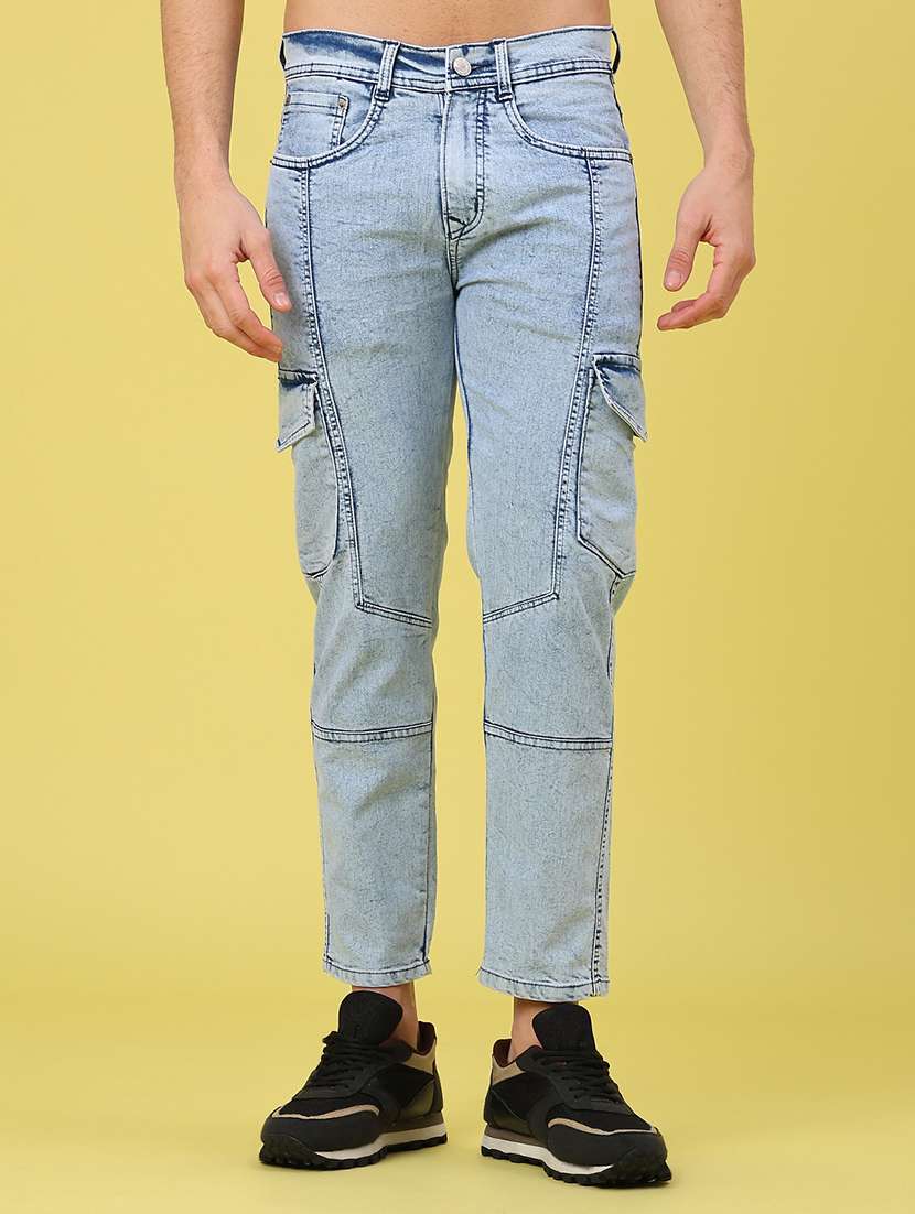men solid mid rise slim fit cargo