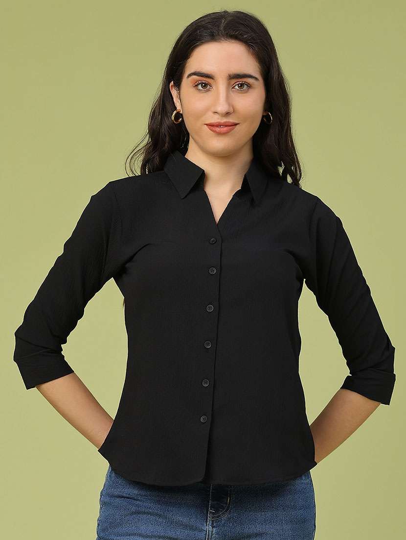 women solid collared three quarter sleeve shirt - 22250586 -  Standard Image - 2