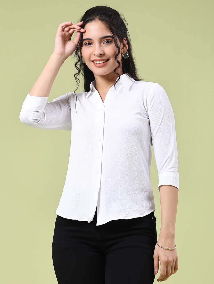 women solid collared three quarter shirt