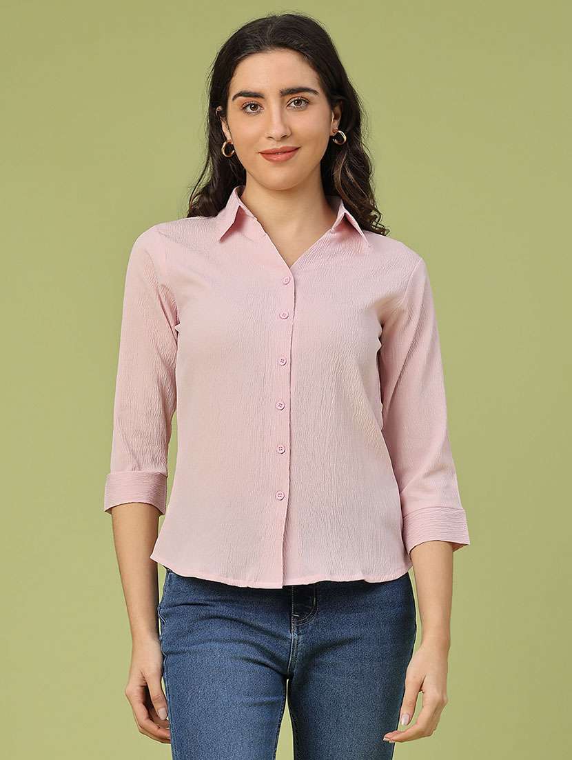 women solid collared three quarter sleeve shirt - 22250588 -  Standard Image - 2