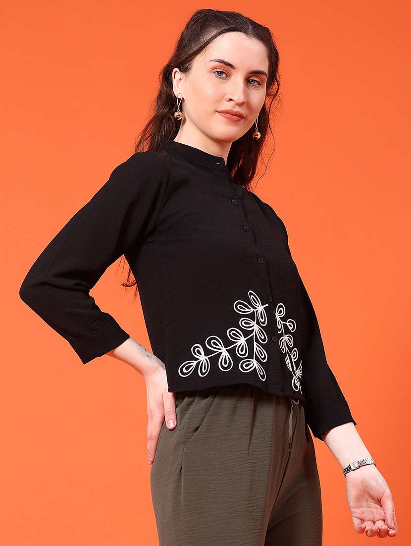 Women Black Cotton Mandarin Collar Embroidered Shirt - 22250928 -  Standard Image - 2