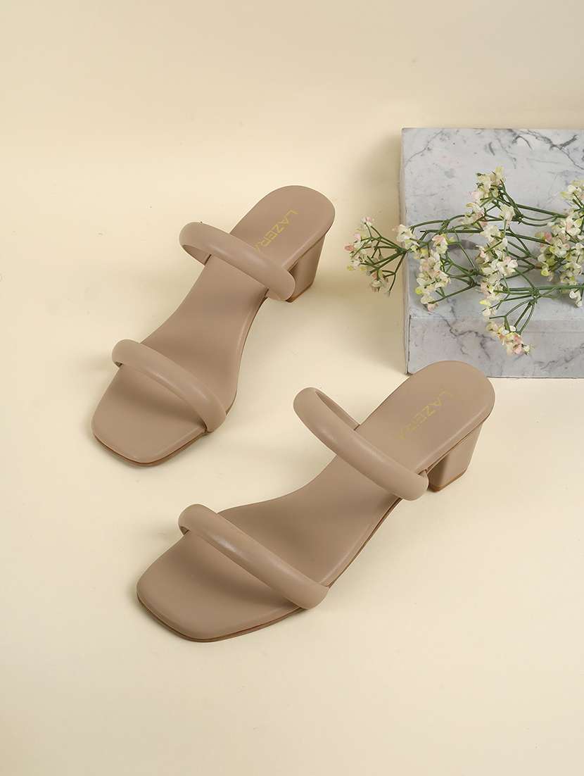 women slip on block heel sandal