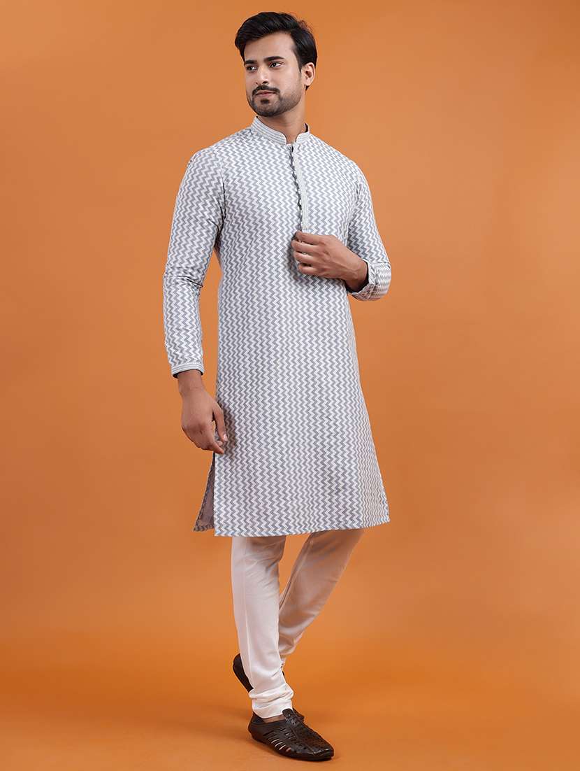men chevron mandarin neck long kurta - 22251981 -  Standard Image - 2