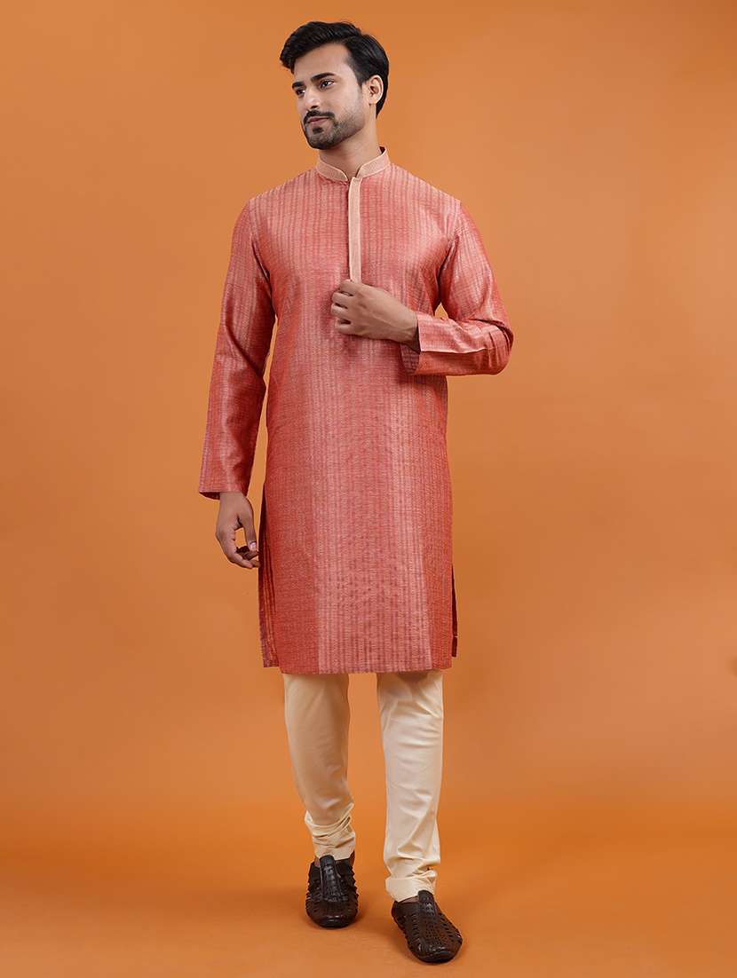 men self design mandarin neck kurta pyjama ethnic wear set