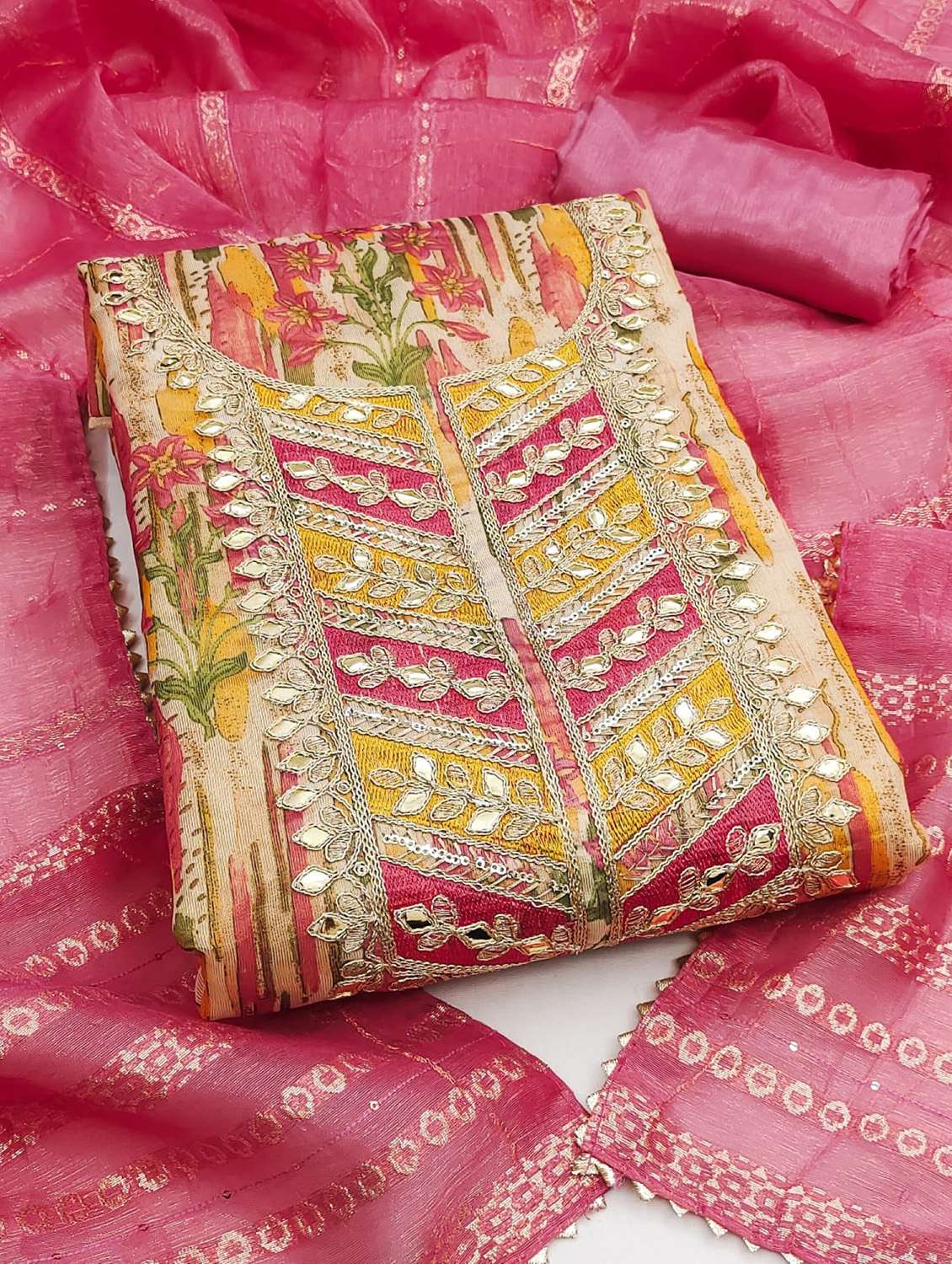 women printed embroidered unstitched suit set - 22253106 -  Standard Image - 2