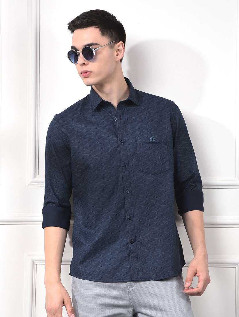 men self design long sleeve slim fit casual shirt