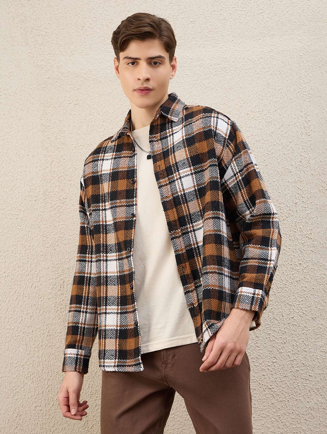 men checkered long sleeve oversized shacket