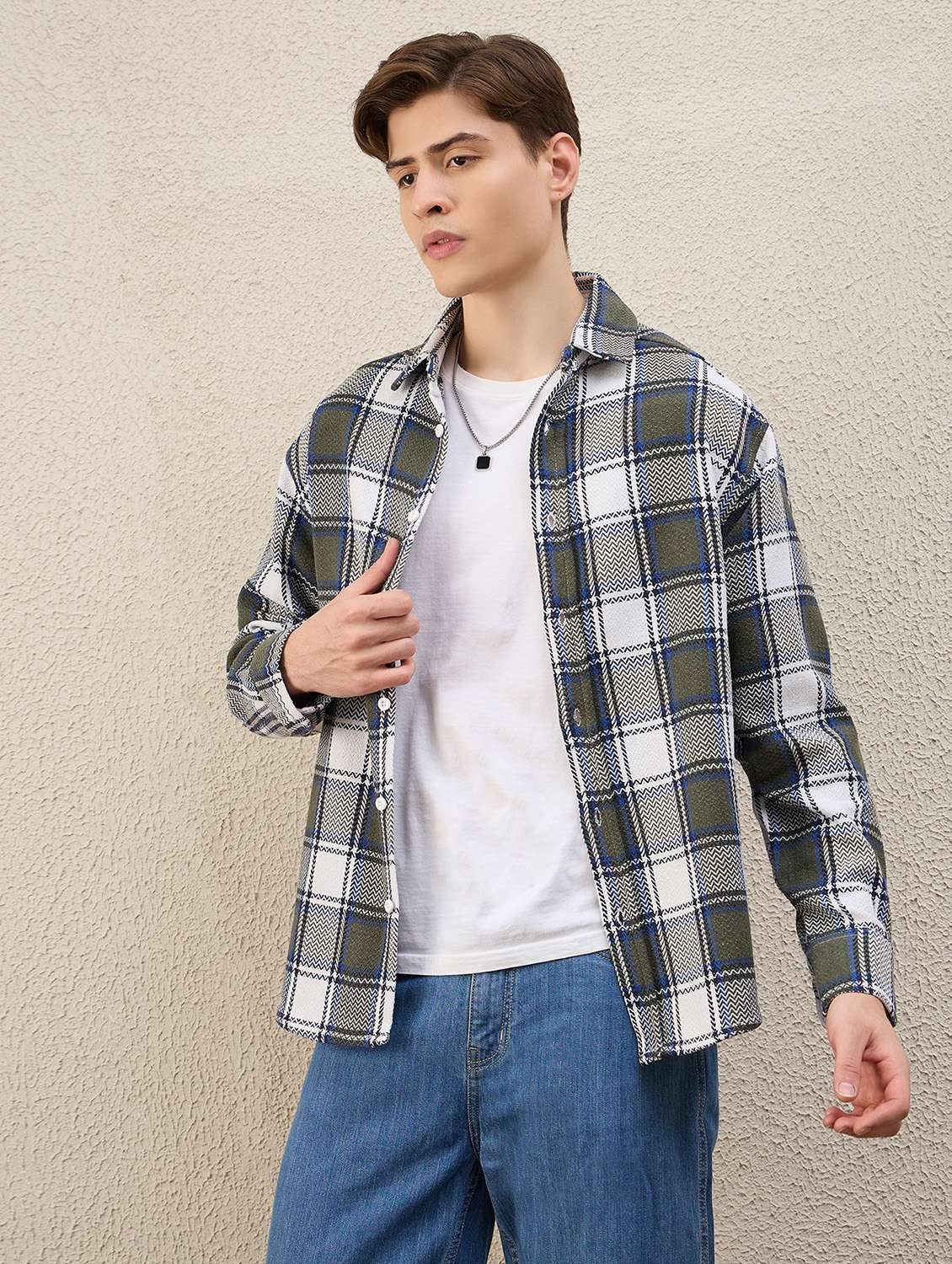 men checkered long sleeve oversized shacket - 22253290 -  Standard Image - 2