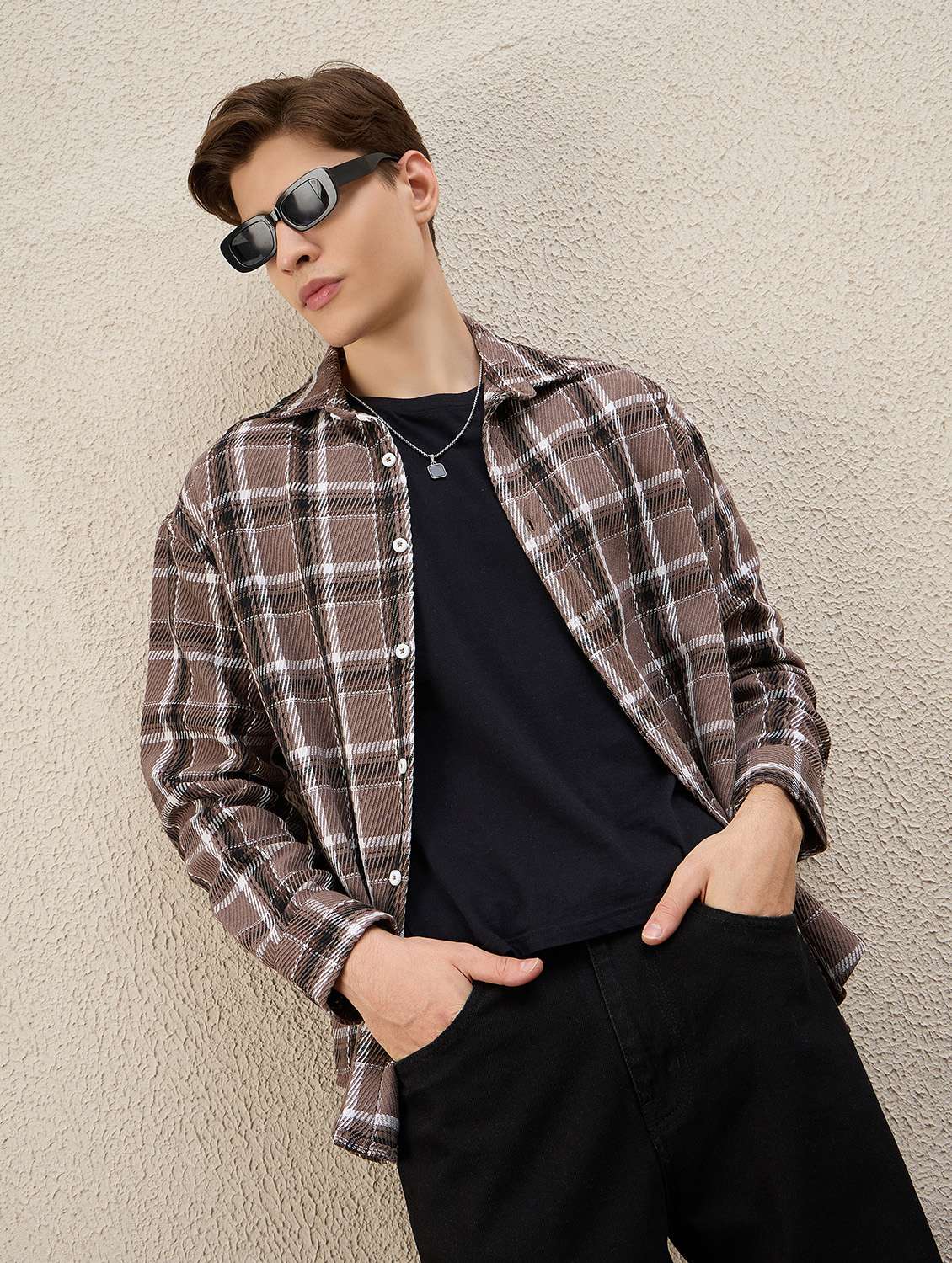 men checkered long sleeve oversized shacket