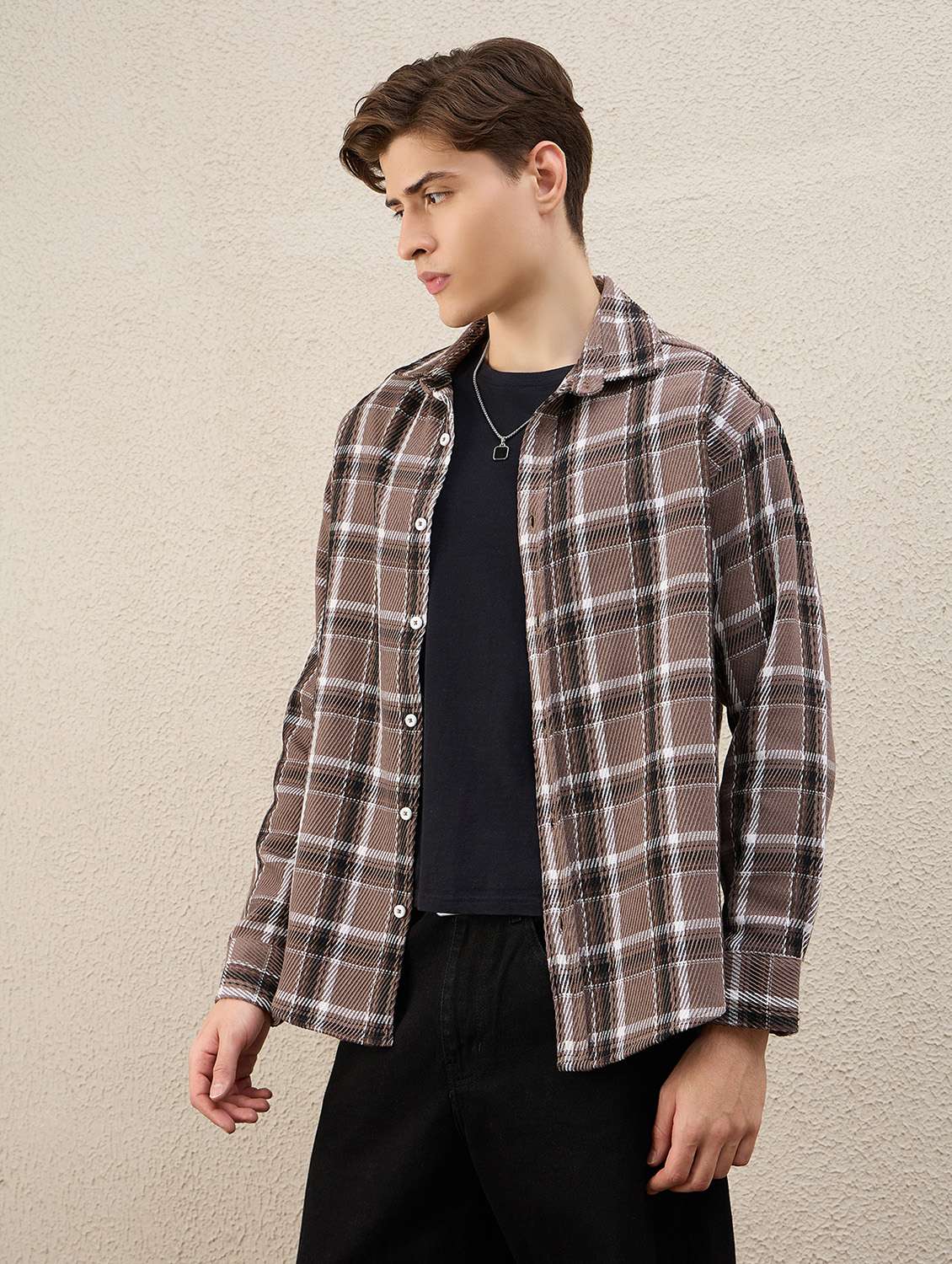 men checkered long sleeve oversized shacket - 22253294 -  Standard Image - 2