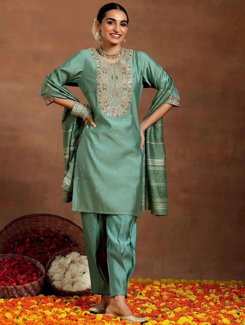 women solid with work three quarter sleeve kurta pant with dupatta set - 22253565 -  Standard Image - 2
