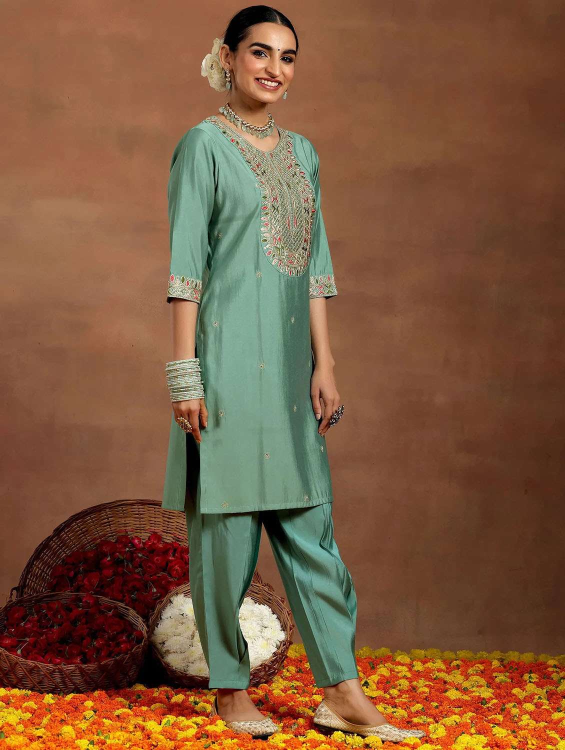 women solid with work three quarter sleeve kurta pant with dupatta set - 22253565 -  Standard Image - 2
