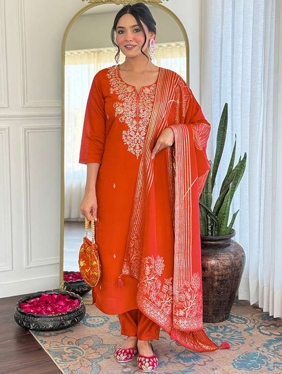 women solid with work three quarter sleeve kurta pant with dupatta set - 22253566 -  Standard Image - 2