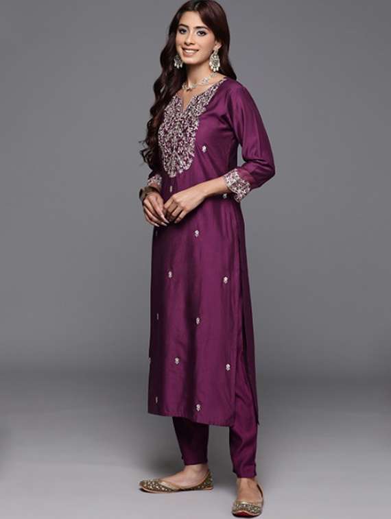 women solid with work three quarter sleeve kurta pant with dupatta set - 22253577 -  Standard Image - 2