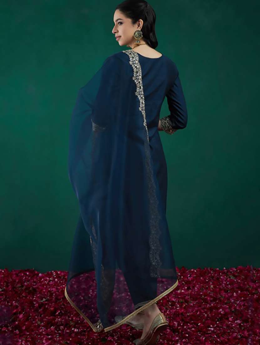 women solid with work three quarter sleeve kurta pant with dupatta set - 22253580 -  Standard Image - 2