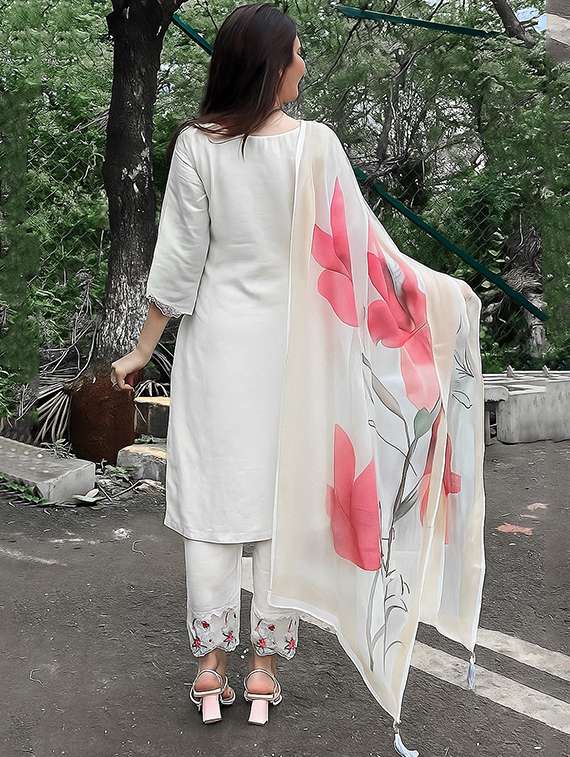 women solid with work three quarter sleeve kurta pant with dupatta set - 22253587 -  Standard Image - 2