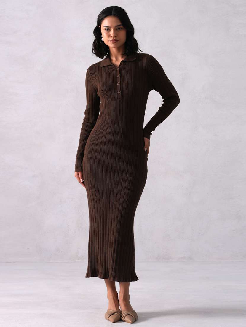 women solid long sleeve collared bodycon dress