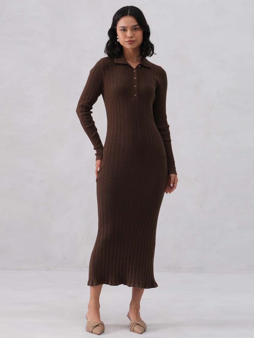 women solid long sleeve collared bodycon dress - 22253769 -  Standard Image - 2