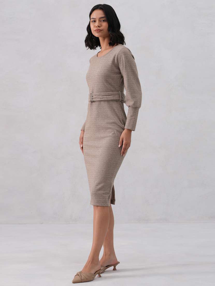 women solid long sleeve belted bodycon dress - 22253772 -  Standard Image - 2