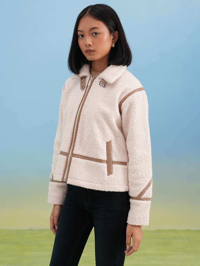 women solid long sleeve collared fur jacket - 22253778 -  Standard Image - 2