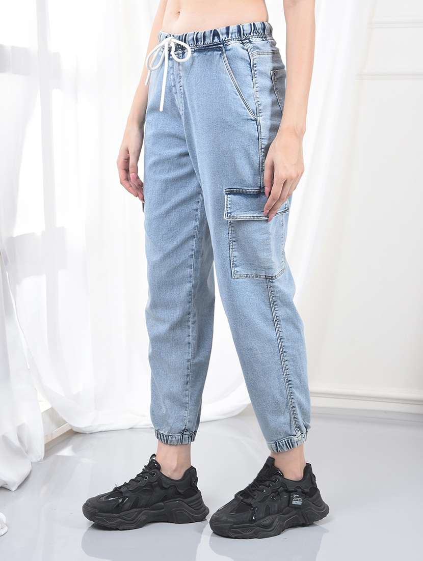 women solid mid rise denim cargo jogger - 22253781 -  Standard Image - 2