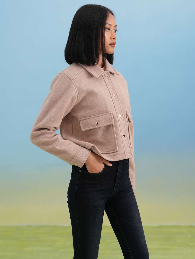 women solid collared long sleeve crop shacket - 22253785 -  Standard Image - 2