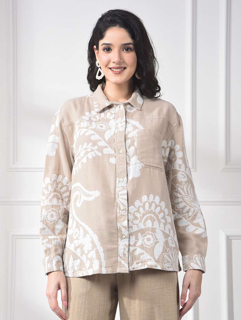 women printed collared long sleeve shirt