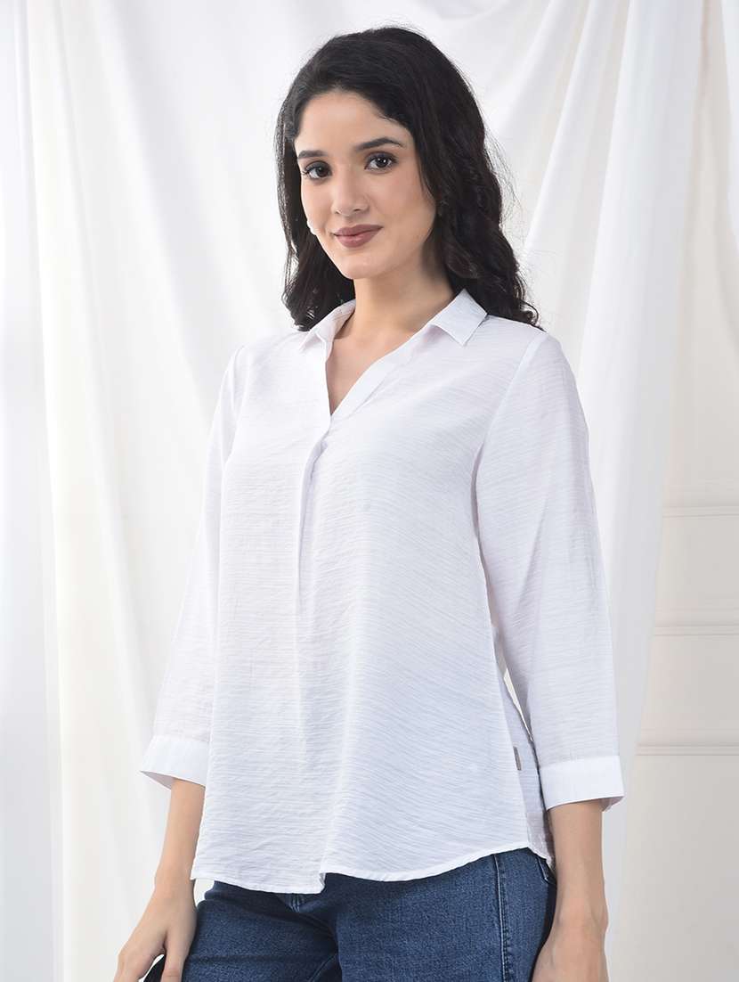women solid collared three quarter sleeve top - 22253807 -  Standard Image - 2