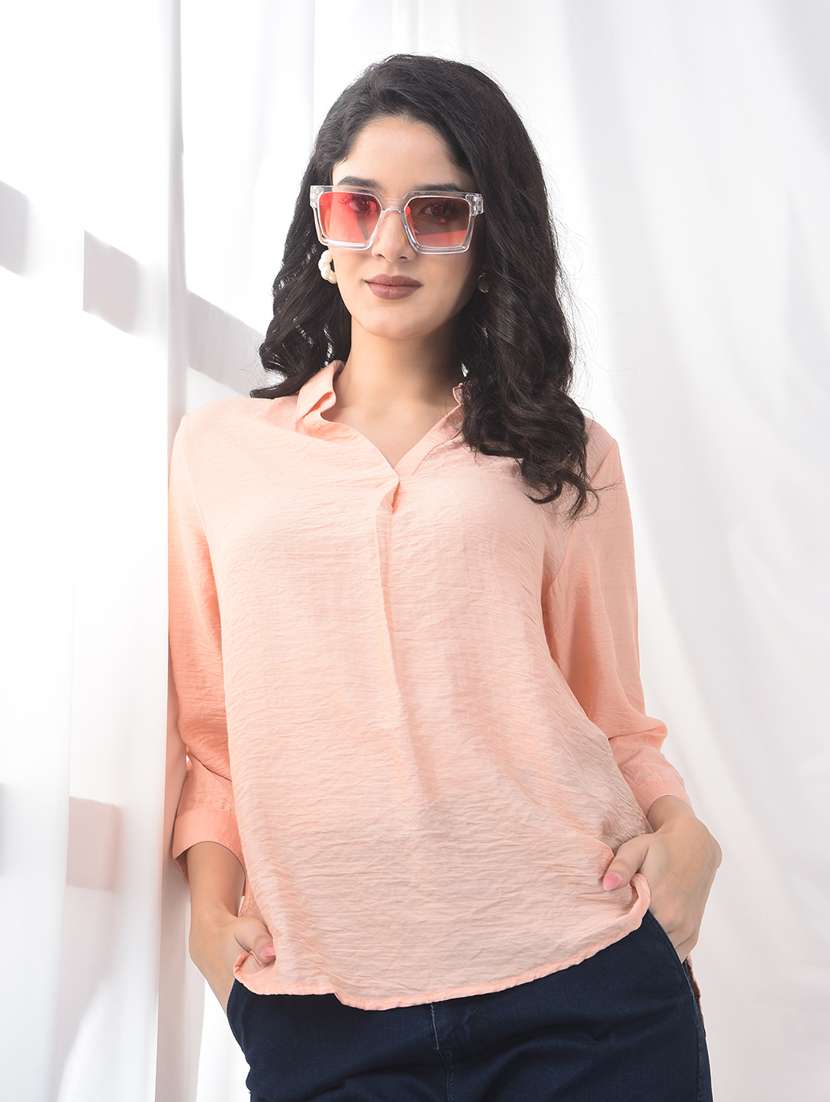 women solid collared three quarter sleeve top