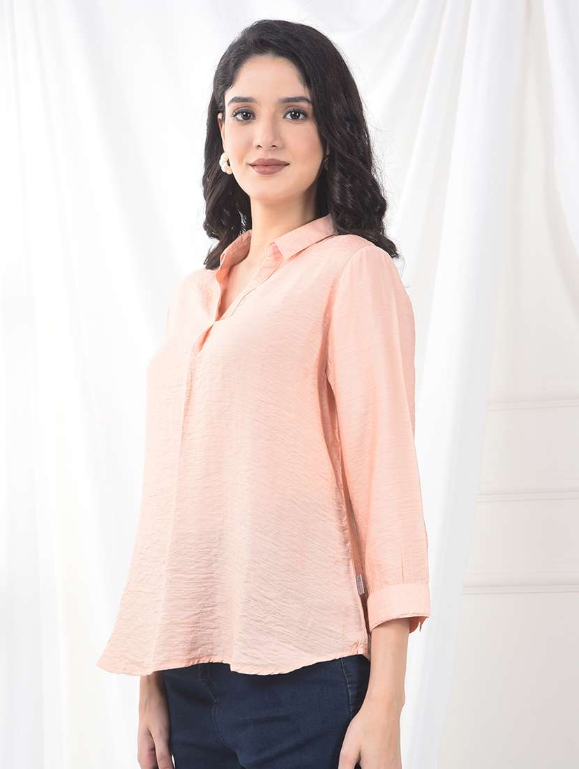 women solid collared three quarter sleeve top - 22253808 -  Standard Image - 2