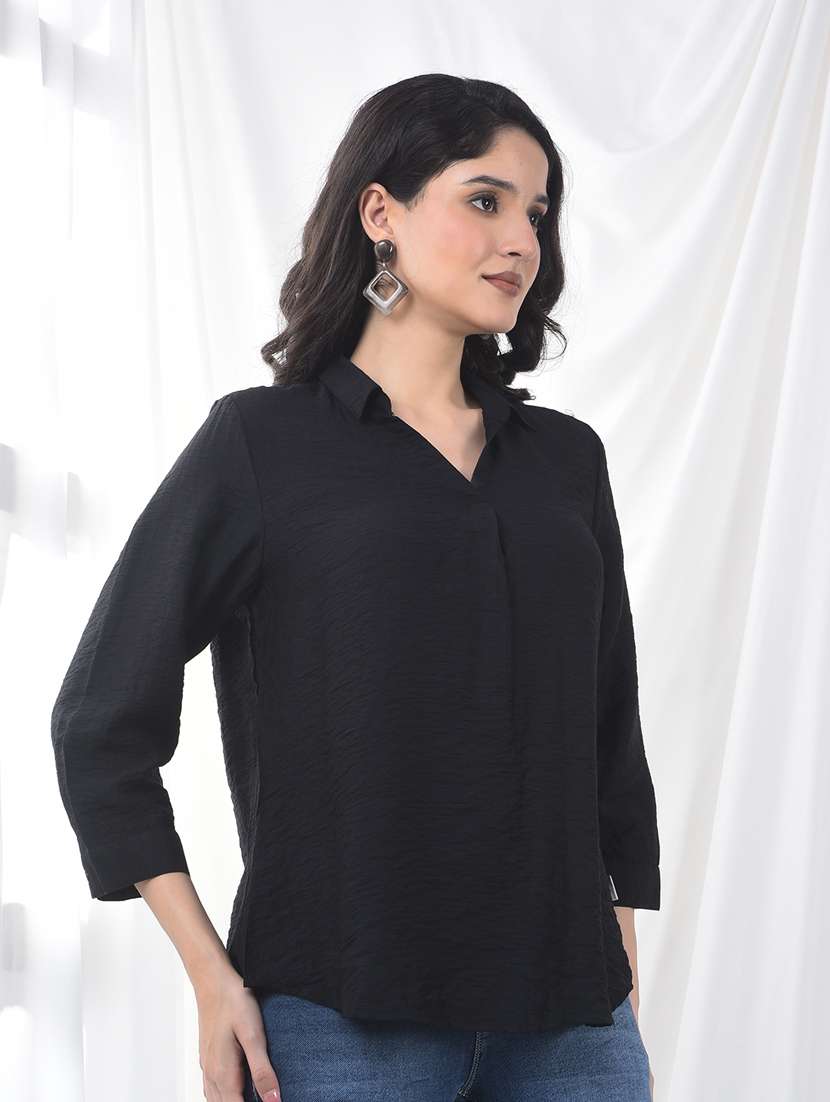 women solid collared three quarter sleeve top - 22253810 -  Standard Image - 2