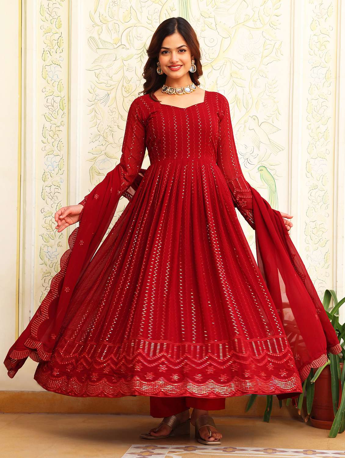 women solid with work long sleeve kurta with dupatta set