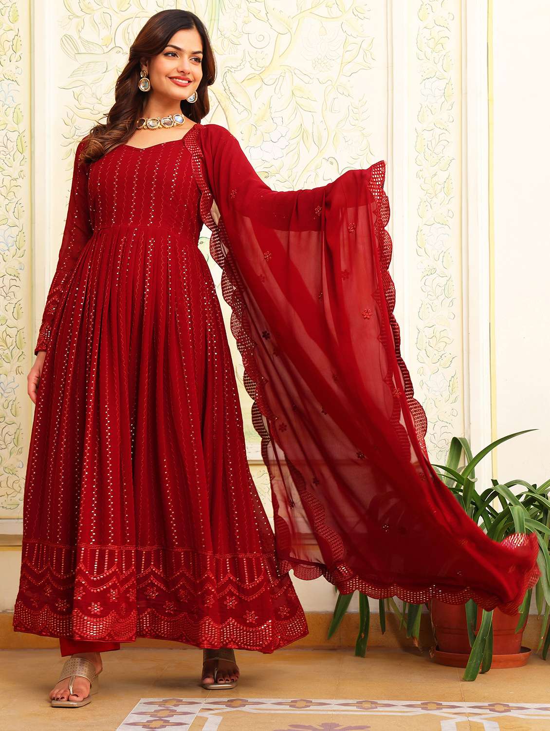 women solid with work long sleeve kurta with dupatta set - 22253889 -  Standard Image - 2