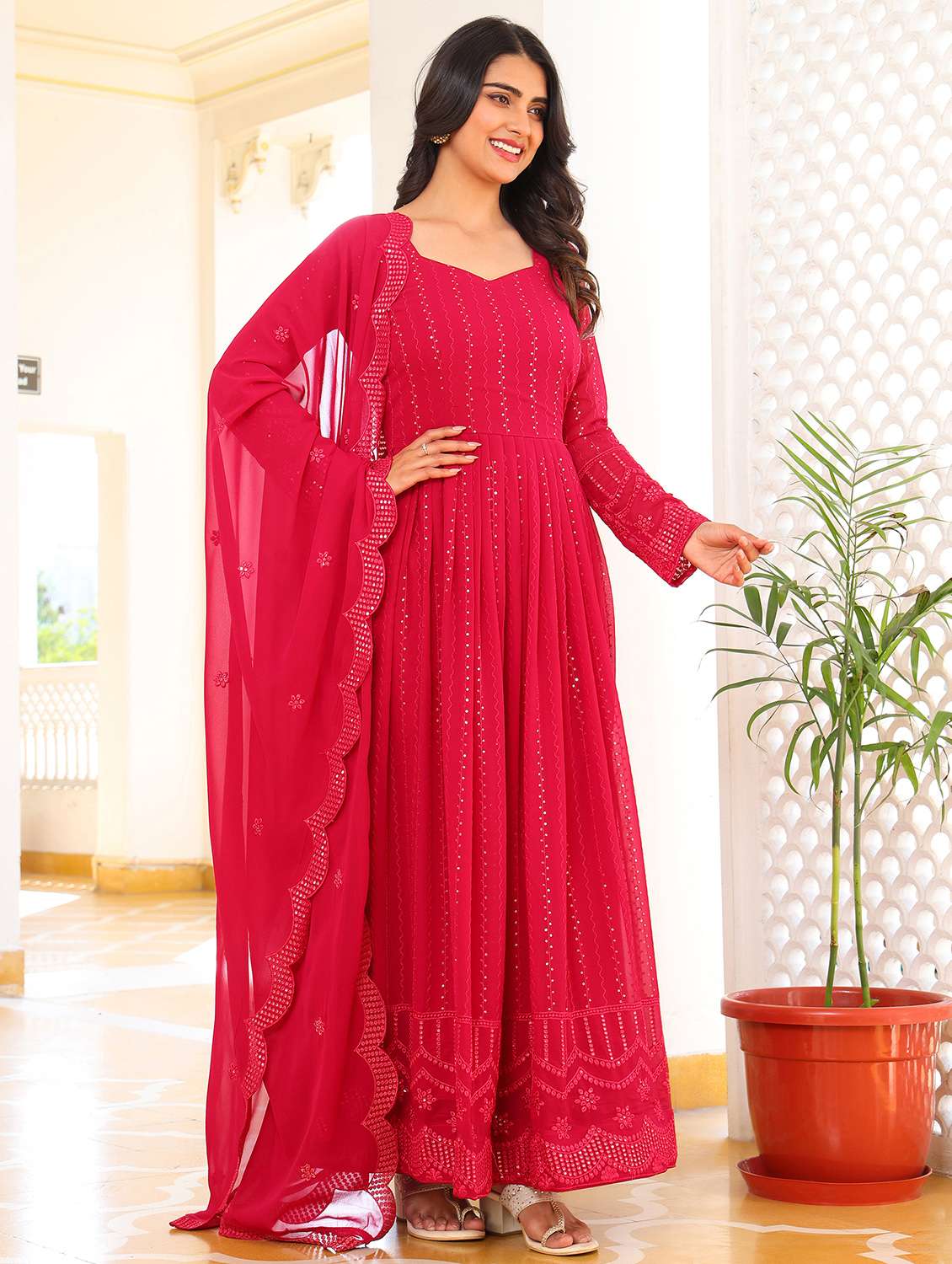 women solid with work long sleeve kurta with dupatta set - 22253890 -  Standard Image - 2