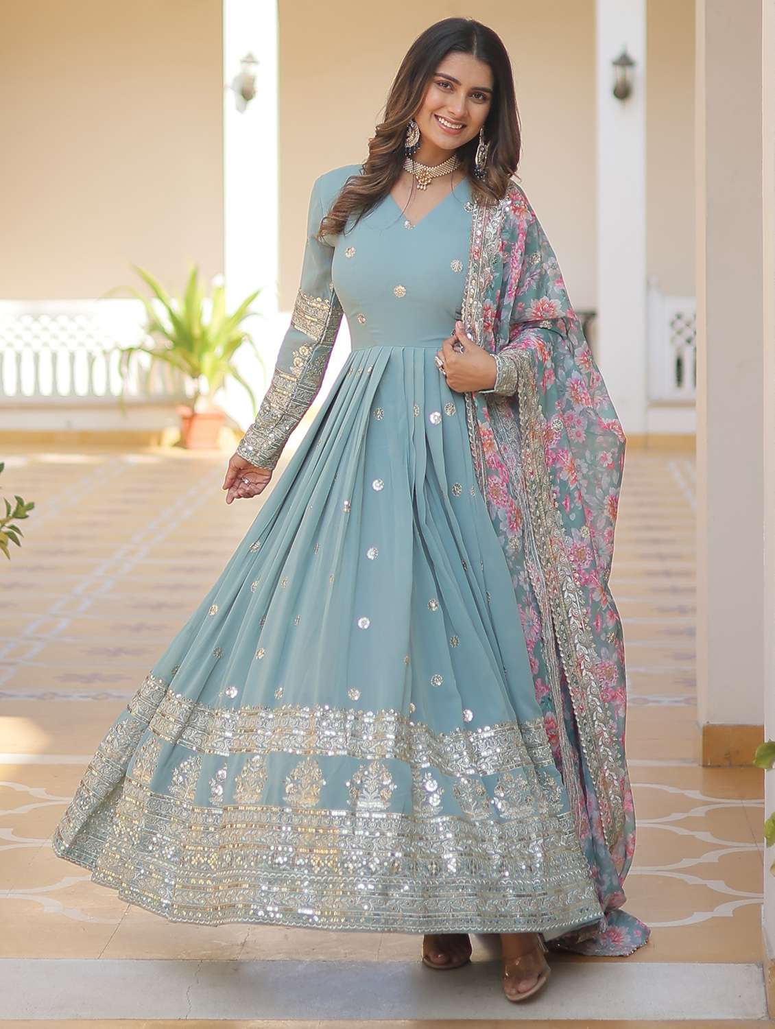 women solid with work long sleeve kurta with dupatta set - 22253927 -  Standard Image - 2