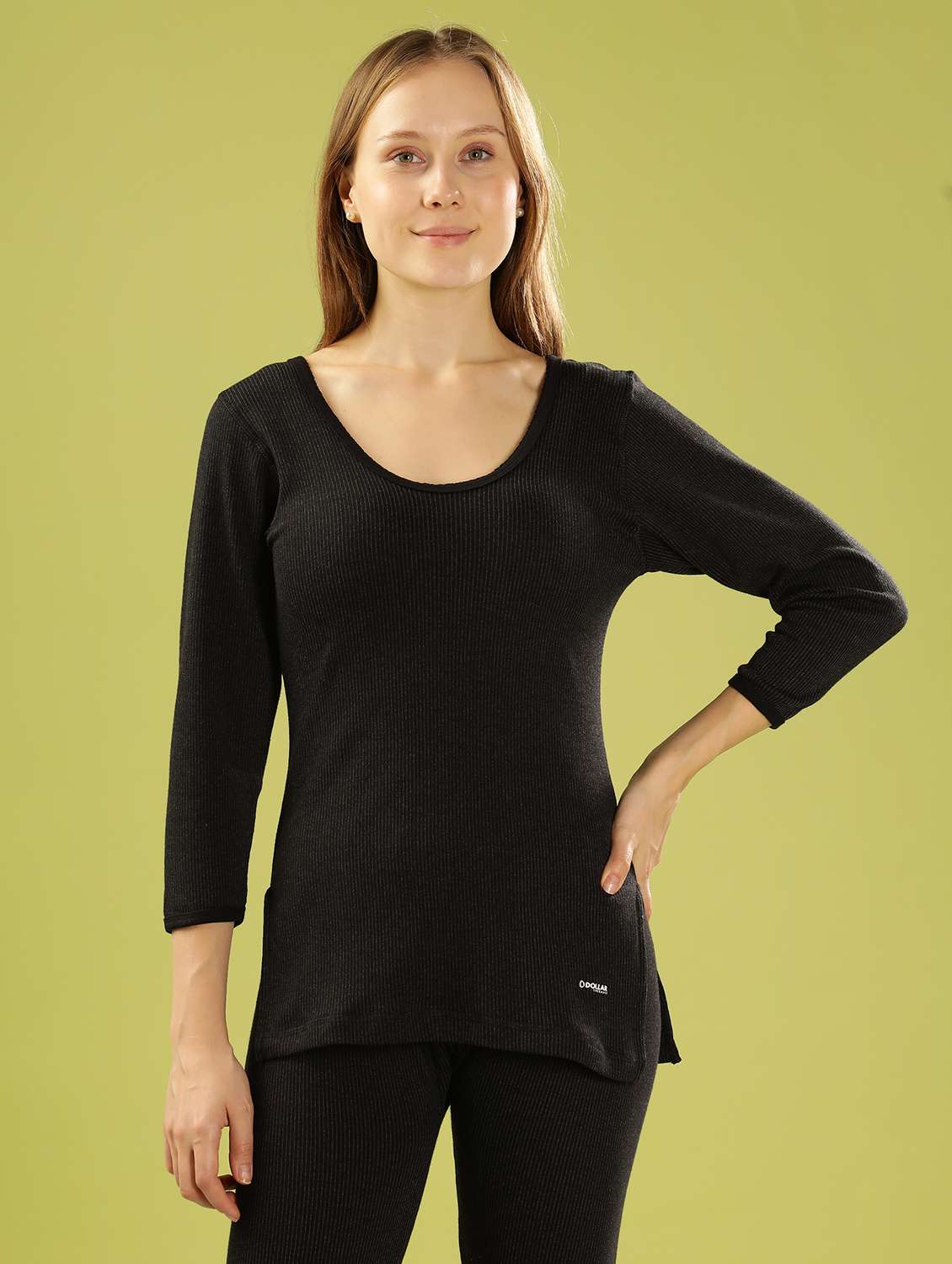 women solid three quarter sleeve thermal set