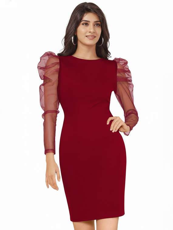 women solid puff sleeve bodycon dress
