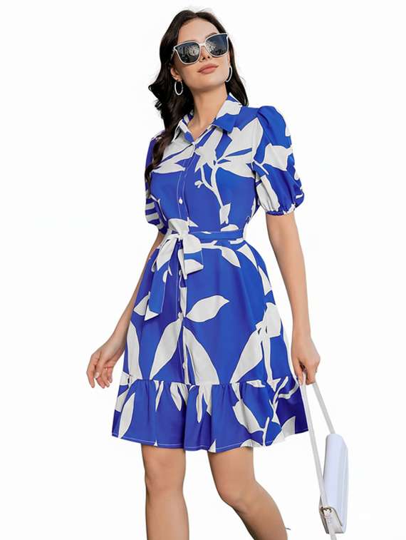 women printed puff sleeve tiered dress