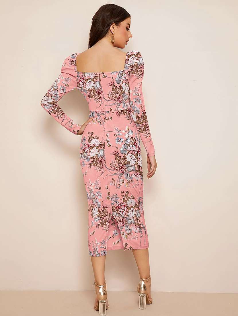 women floral print puff sleeve bodycon dress - 22254474 -  Standard Image - 2