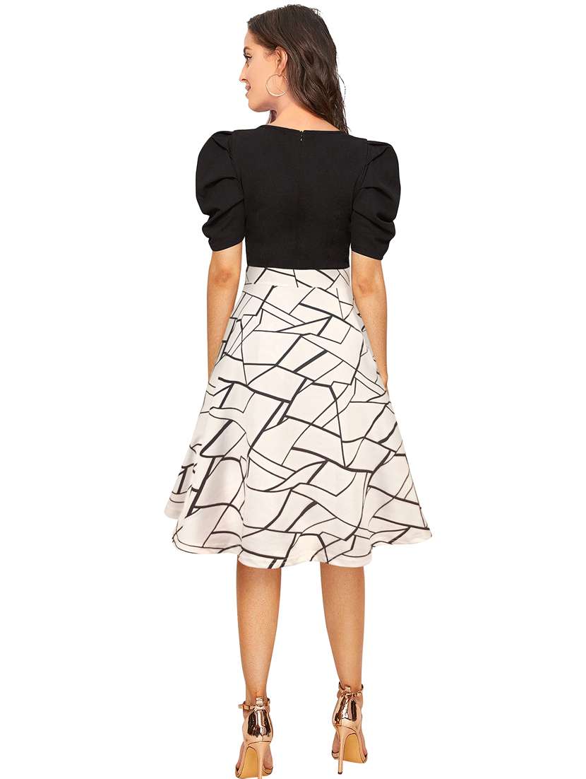 women printed puff sleeve fit & flare dress - 22254476 -  Standard Image - 2