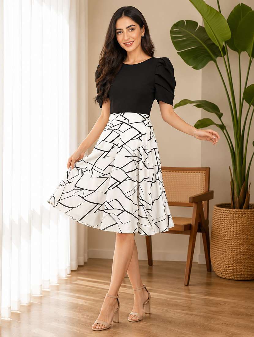 Women Printed Puff Sleeve Fit & Flare Dress - 22254476 -  Standard Image - 2
