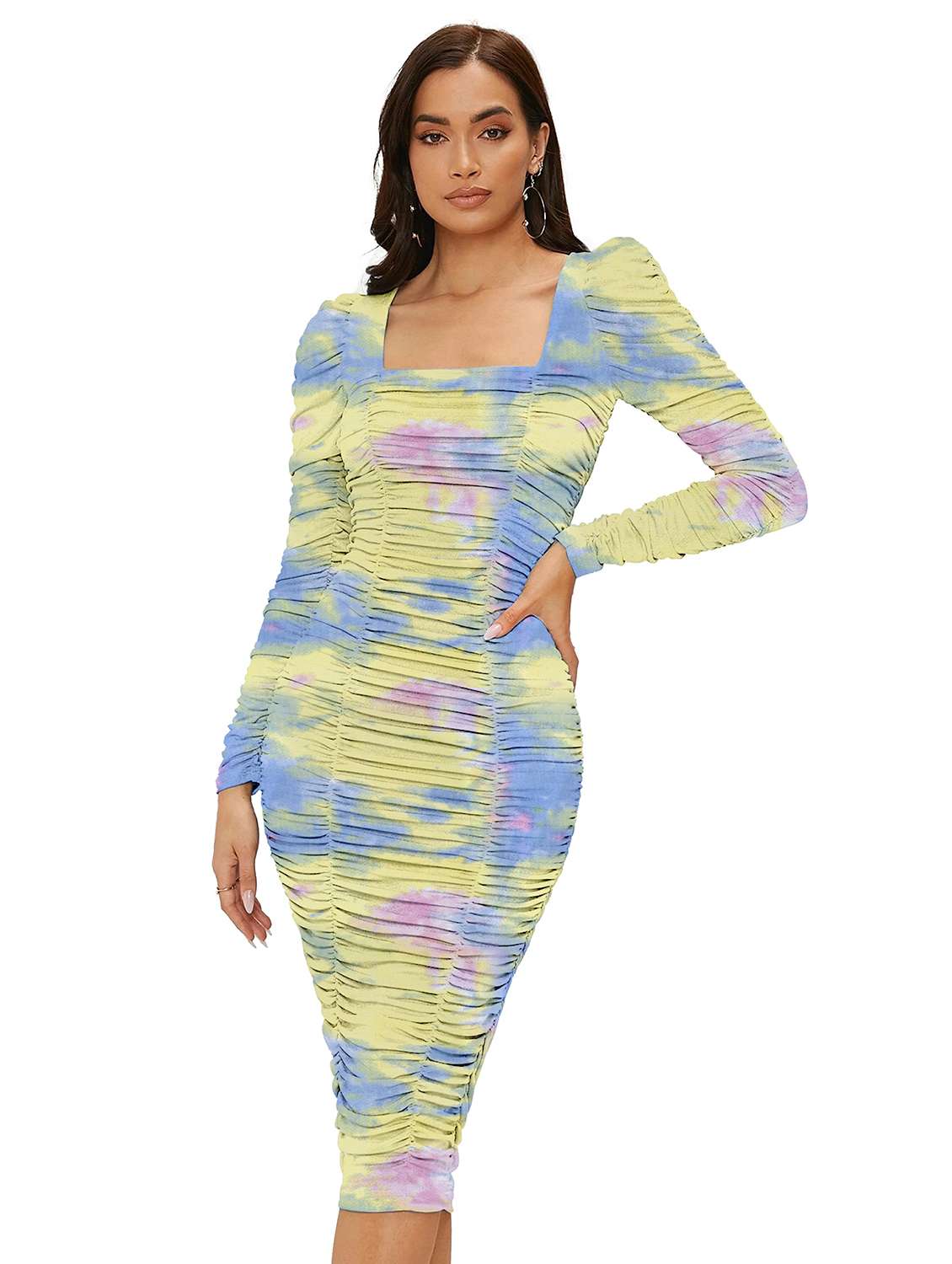 women printed puff sleeve ruched bodycon dress