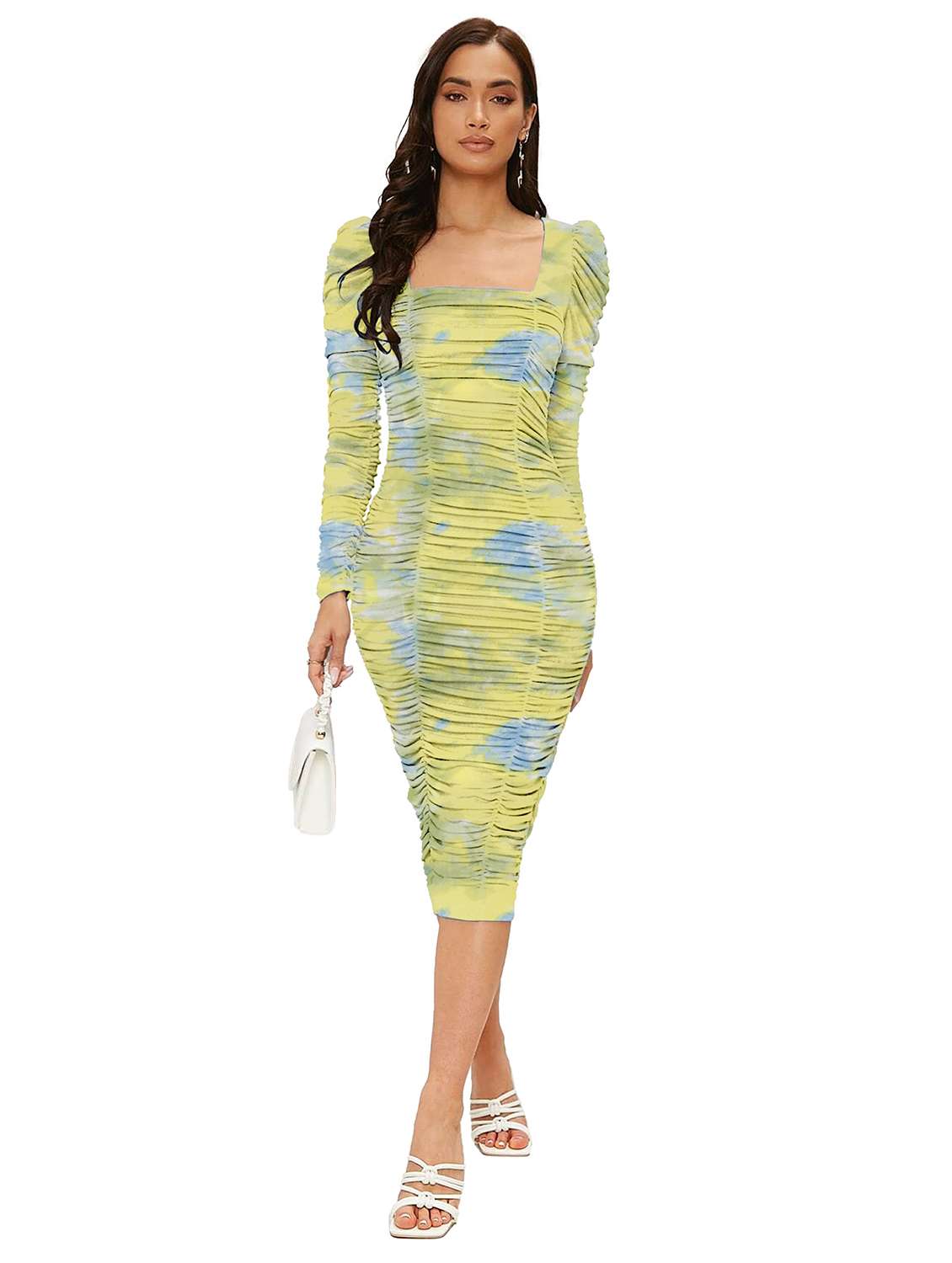 women printed puff sleeve ruched bodycon dress - 22254478 -  Standard Image - 2