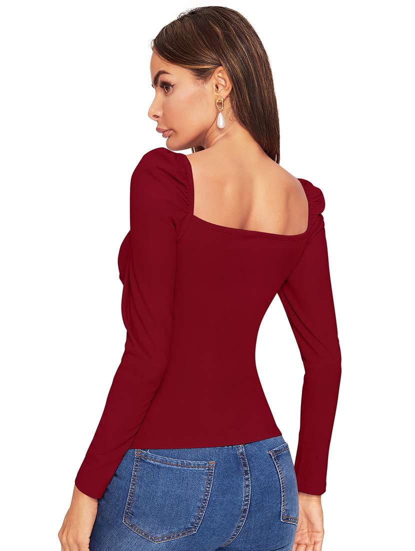 women solid puff sleeve straight top - 22254481 -  Standard Image - 2